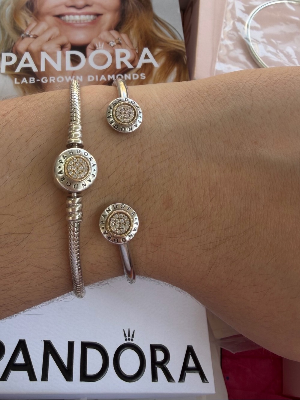 Pandora Silver Bracelet and Cuff with Gold 14k solid Pavé Logo Discs